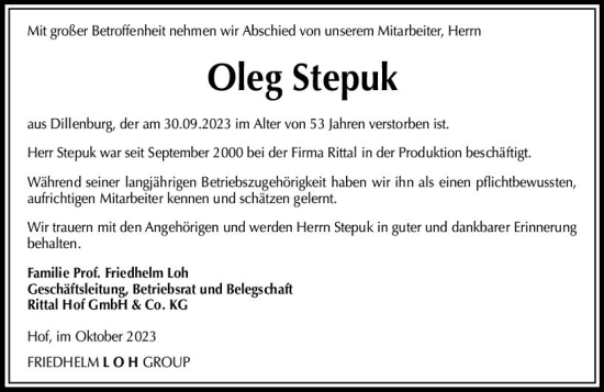 Traueranzeige von Oleg Stepuk von Dill Block