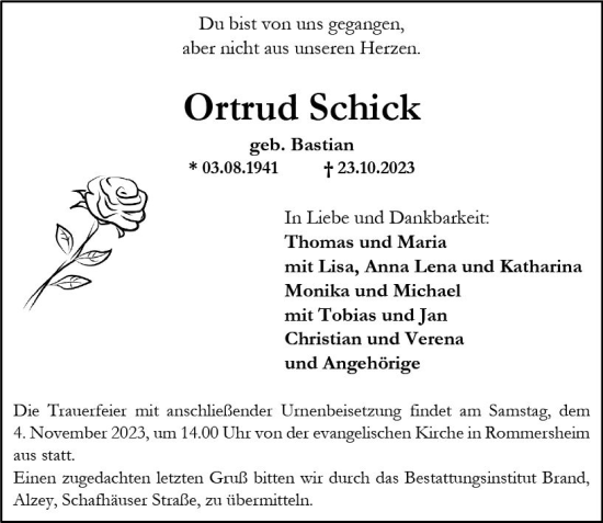 Traueranzeige von Ortrud Schick von Allgemeine Zeitung Alzey