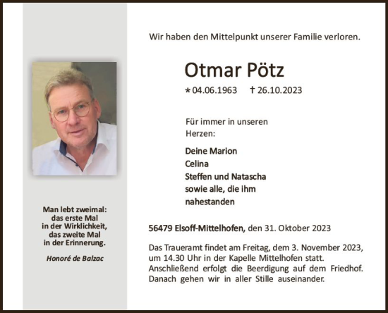Traueranzeige von Otmar Pötz von Nassauische Neue Presse
