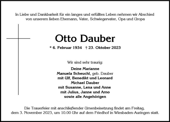 Traueranzeige von Otto Dauber von Wiesbadener Kurier