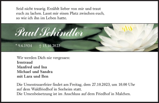 Traueranzeige von Paul Schindler von Darmstädter Echo