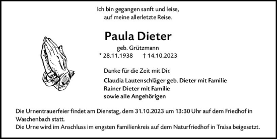 Traueranzeige von Paula Dieter von Darmstädter Echo