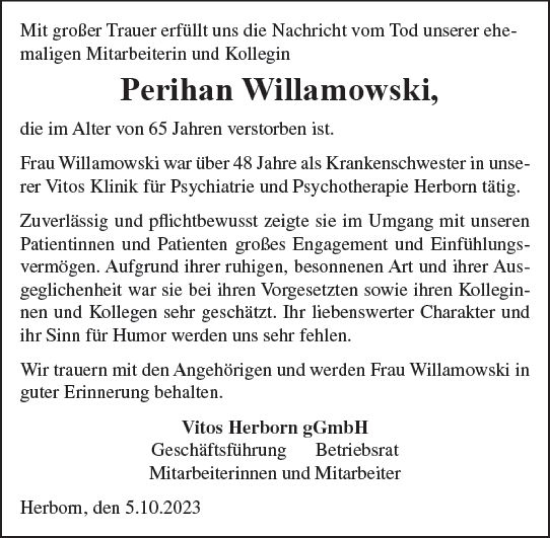 Traueranzeige von Perihan Willamowski von Dill Block