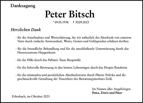 Traueranzeige von Peter Bitsch von Starkenburger Echo