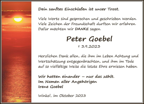 Traueranzeige von Peter Goebel von Rheingau Kurier