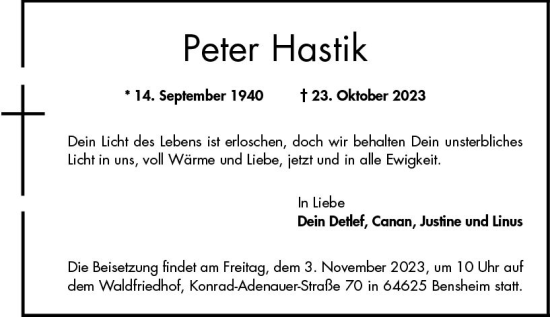 Traueranzeige von Peter Hastik von Darmstädter Echo