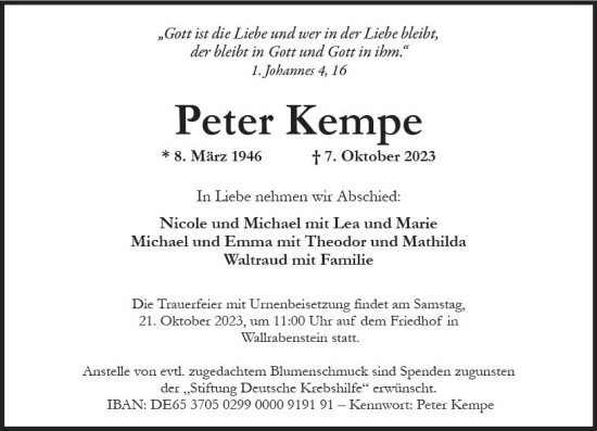 Traueranzeige von Peter Kempe von Idsteiner Land/Untertaunus