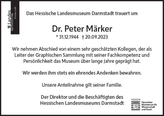 Traueranzeige von Peter Märker von Darmstädter Echo