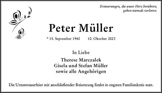 Traueranzeige von Peter Müller von Wiesbadener Kurier