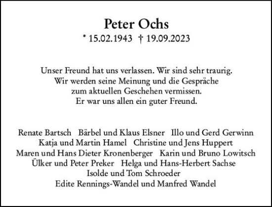 Traueranzeige von Peter Ochs von Allgemeine Zeitung Bingen/Ingelheim