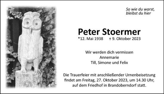 Traueranzeige von Peter Stoermer von Wetzlarer Neue Zeitung