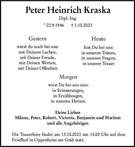 Traueranzeige von Peter Heinrich Kraska von Allgemeine Zeitung Mainz