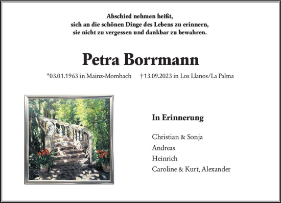 Traueranzeige von Petra Borrmann von Allgemeine Zeitung Bingen/Ingelheim