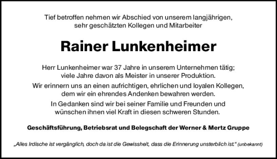 Traueranzeige von Rainer Lunkenheimer von Allgemeine Zeitung Bingen/Ingelheim