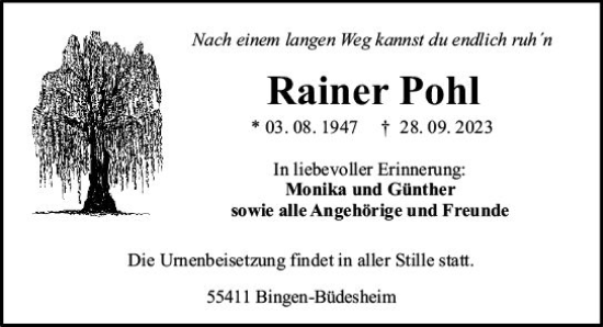 Traueranzeige von Rainer Pohl von Allgemeine Zeitung Bingen/Ingelheim