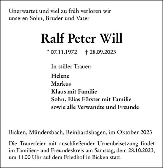 Traueranzeige von Ralf Peter Will von Dill Block