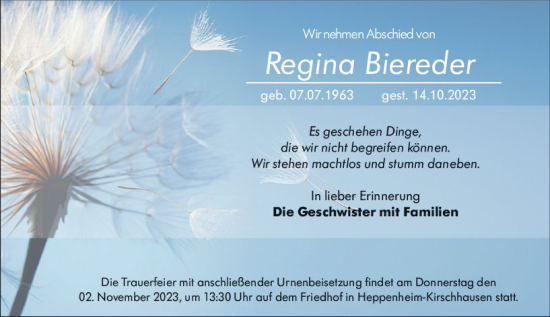 Traueranzeige von Regina Biereder von Starkenburger Echo