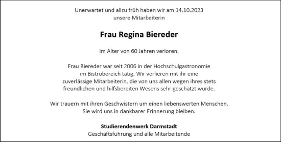Traueranzeige von Regina Biereder von Bergsträßer Anzeiger