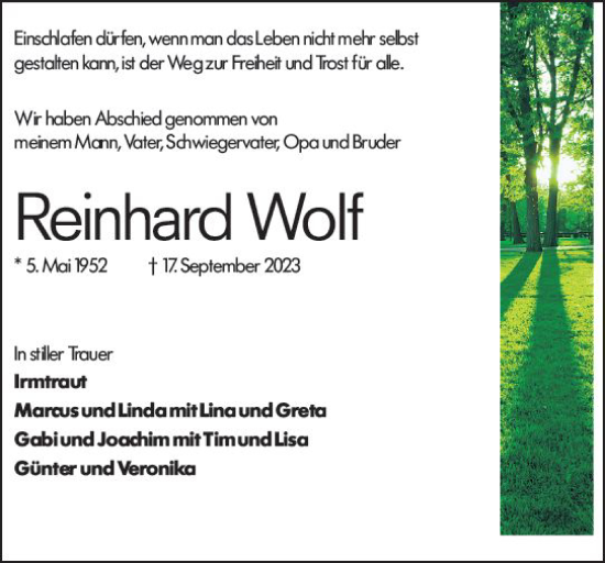 Traueranzeige von Reinhard Wolf von Weilburger Tageblatt