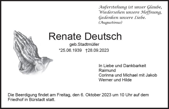 Traueranzeige von Renate Deutsch von Starkenburger Echo