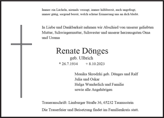 Traueranzeige von Renate Dönges von Wiesbadener Kurier