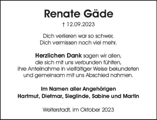 Traueranzeige von Renate Gäde von Darmstädter Echo