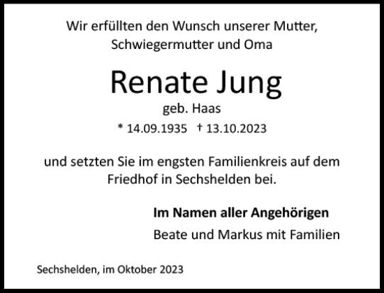 Traueranzeige von Renate Jung von Dill Block