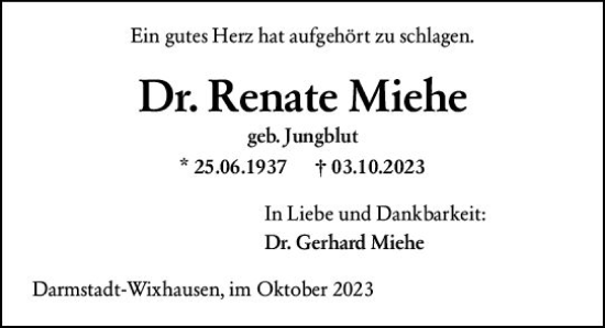 Traueranzeige von Renate Miehe von Darmstädter Echo