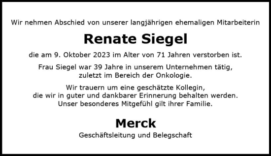 Traueranzeige von Renate Siegel von Darmstädter Echo