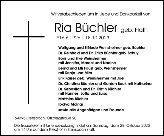 Traueranzeige von Ria Büchler von Odenwälder Echo