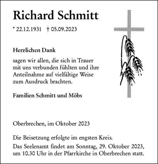 Traueranzeige von Richard Schmitt von Camberger Anzeiger