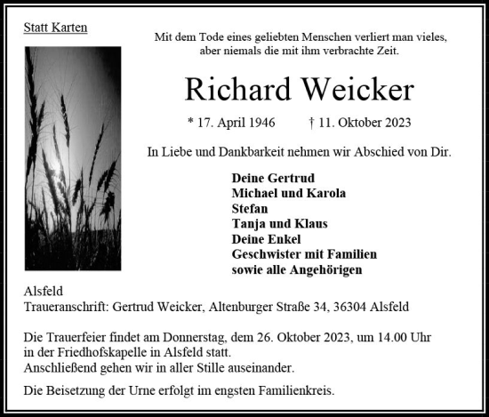 Traueranzeige von Richard Weicker von Oberhessen Kurier