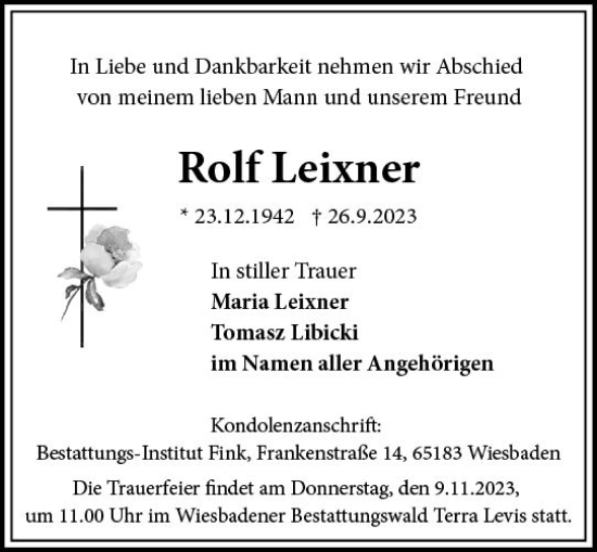 Traueranzeige von Rolf Leixner von Wiesbadener Kurier