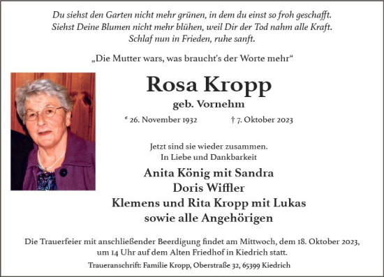 Traueranzeige von Rosa Kropp von Rheingau Kurier