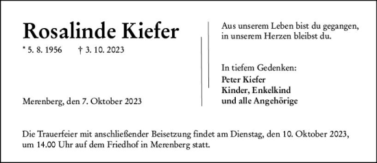 Traueranzeige von Rosalinde Kiefer von Weilburger Tageblatt