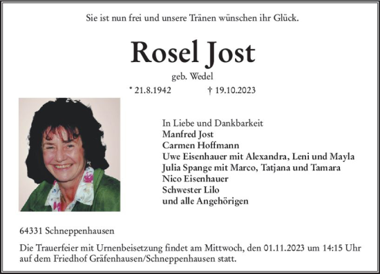 Traueranzeige von Rosel Jost von Darmstädter Echo