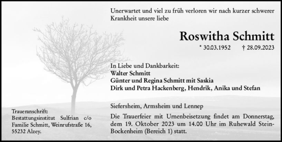 Traueranzeige von Roswitha Schmitt von Allgemeine Zeitung Alzey