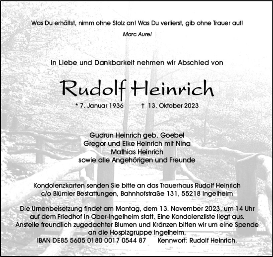 Traueranzeige von Rudolf Heinrich von Allgemeine Zeitung Bingen/Ingelheim