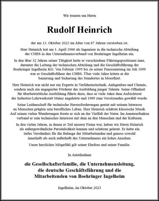 Traueranzeige von Rudolf Heinrich von Allgemeine Zeitung Bingen/Ingelheim