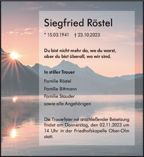 Traueranzeige von Siegfried Röstel von Allgemeine Zeitung Mainz