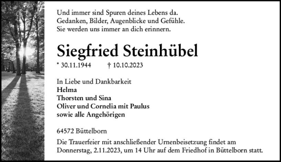 Traueranzeige von Siegfried Steinhübel von Groß-Gerauer Echo