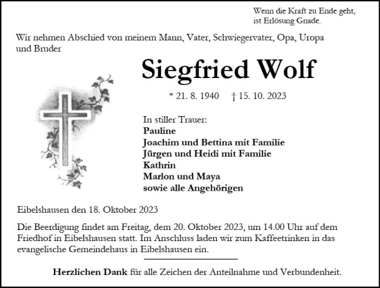 Traueranzeige von Siegfried Wolf von Dill Block