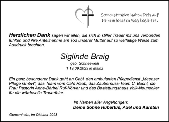 Traueranzeige von Siglinde Braig von Allgemeine Zeitung Mainz