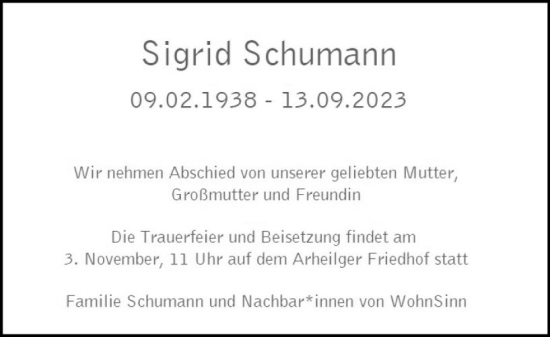 Traueranzeige von Sigrid Schumann von Darmstädter Echo