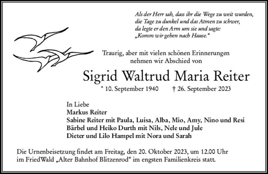 Traueranzeige von Sigrid Waltrud Maria Reiter von VRM Trauer