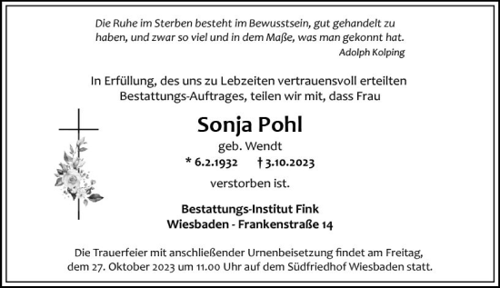 Traueranzeige von Sonja Pohl von Wiesbadener Kurier