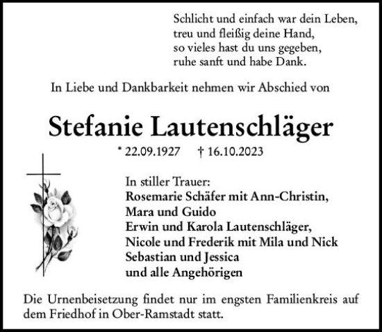 Traueranzeige von Stefanie Lautenschläger von Darmstädter Echo