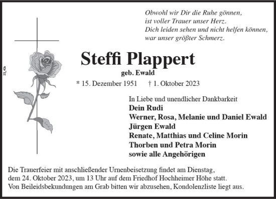 Traueranzeige von Steffi Plappert von Wormser Zeitung