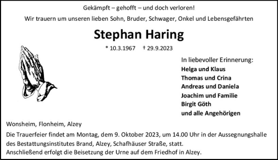 Traueranzeige von Stephan Haring von Allgemeine Zeitung Alzey