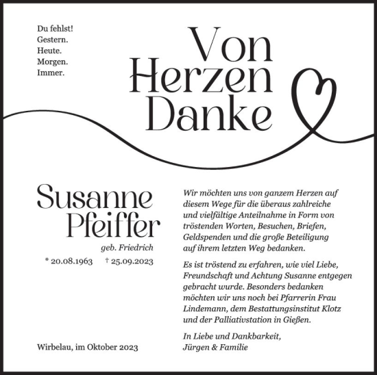 Traueranzeige von Susanne Pfeiffer von Weilburger Tageblatt